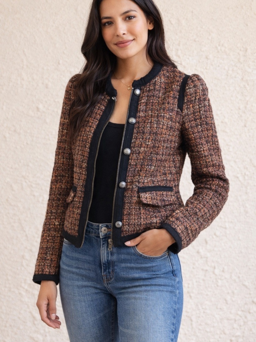 Free People Tweed Jacket Brown Black Zip Snap Front Cropped Size 4